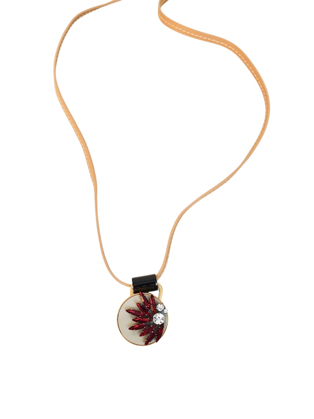 Marni Tan Leather Necklace with Red Crystal Floral Pendant